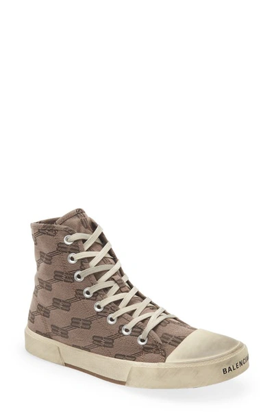 Balenciaga Paris Distressed Logo-embroidered Canvas High-top Sneakers In Brown
