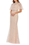 Mac Duggal Embellished Neck Butterfly Sleeve Trumpet Gown In Blush
