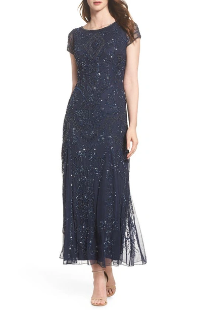 Pisarro Nights Beaded Mesh Column Gown In Navy/ Navy