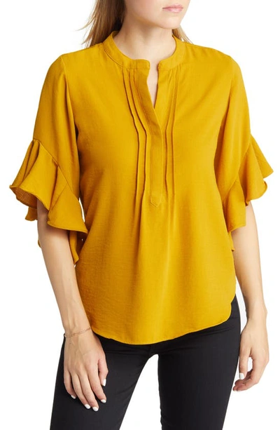 Vince Camuto Ruffle Sleeve Split Neck Blouse In Honey Pot