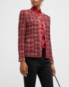 Misook Eyelash Tweed Plaid Knit Jacket In Scarlet Red/mahog
