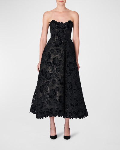 Carolina Herrera Floral Lace Strapless Midi Gown In Black