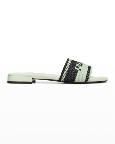 Prada Bicolor Logo Cotton Flat Sandals In Black/chalk White