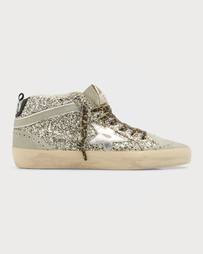 Golden Goose Mid Star Glitter Leo Wing-tip Sneakers In Platinum