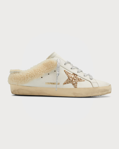 Golden Goose Sabot Leather Glitter Star Slide Sneakers In White