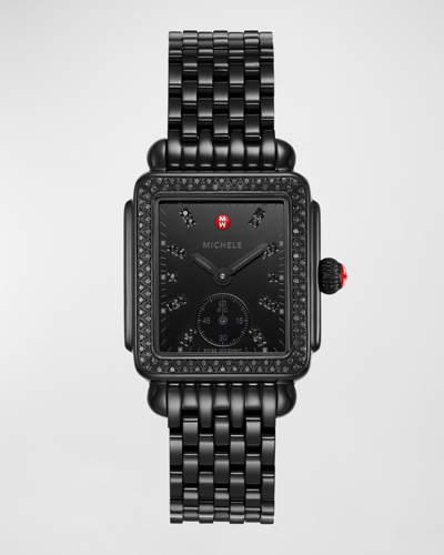 Michele Deco Mid Diamond Noir Watch With Bracelet Strap In Black