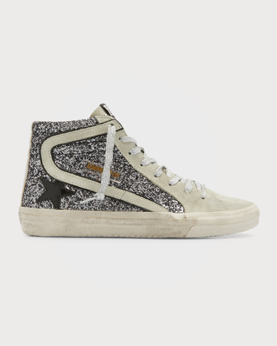 Golden Goose Slide Mid-top Glitter Leather Sneakers In Pewter