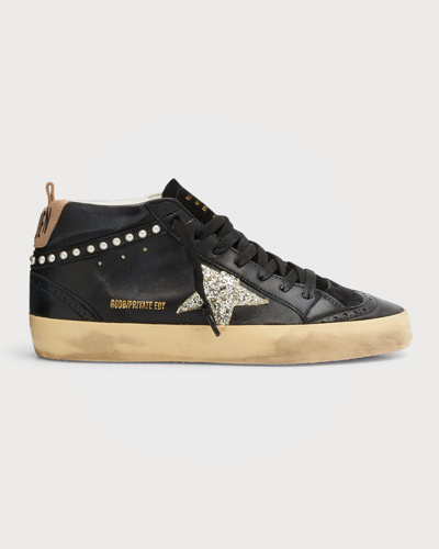 Golden Goose Mid Star Pearly Stud Wing-tip Sneakers In Black