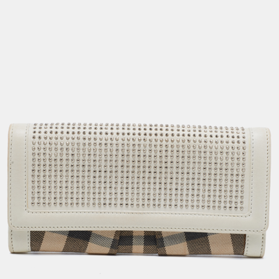 Pre-owned Burberry White House Check Canvas And Studded Leather Continental Wallet