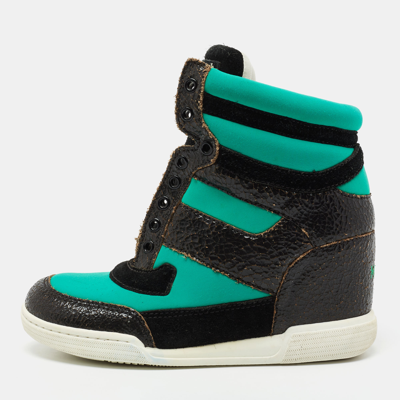 Pre-owned Marc By Marc Jacobs Tri Color Neoprene, Leather And Suede High-top Wedge Sneakers Size 35 In Green