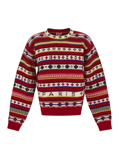 Kenzo Intarsia Striped Wool And Cotton Sweater In Rouge Moyen