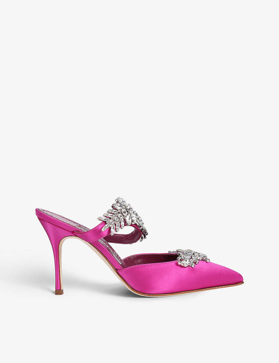 MANOLO BLAHNIK MANOLO BLAHNIK WOMEN'S PURPLE LURUM 90 CRYSTAL-EMBELLISHED SATIN MULES,56479660