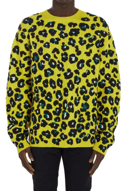 Versace Daisy Leopard Cable Knit Crewneck Wool Sweater In Gelb