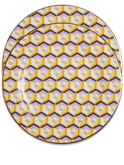 La Doublej Set Of Two Geometric-print Dessert Plate In Gelb