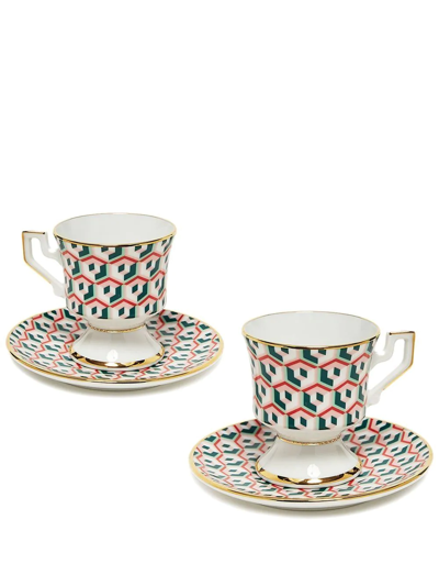 La Doublej Abstract-print Espresso Cup And Saucer Set Of Two In Cubi Lilla