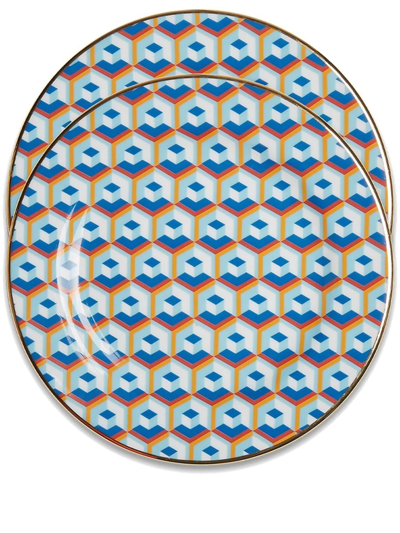 La Doublej Set Of Two Abstract-print Desert Plate In Blau