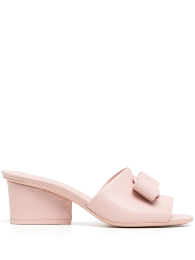 Ferragamo Women's Lizard Embossed Bow Slide Sandals In Pink