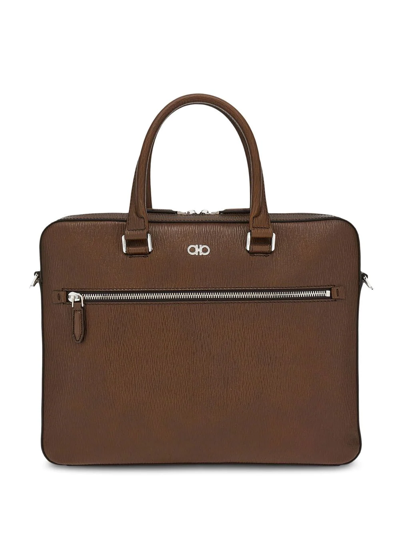 Ferragamo Gancini Leather Briefcase Bag In Brown