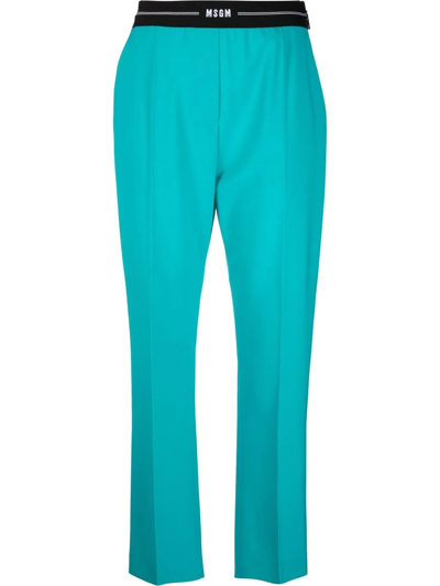 Msgm Logo-waist Slim Tailored Trousers In Blau