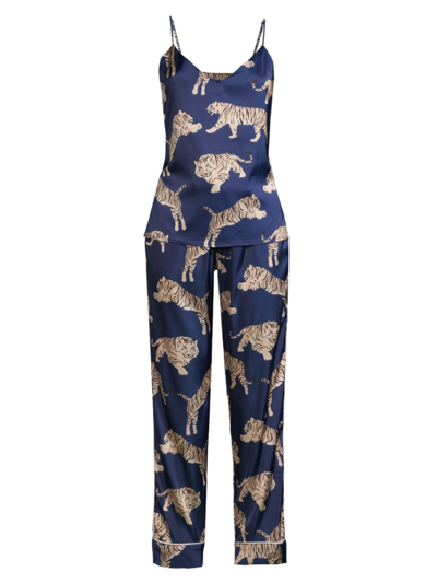Averie Sleep Tiger-print Long Camisole Pajama Set In Navy Blue