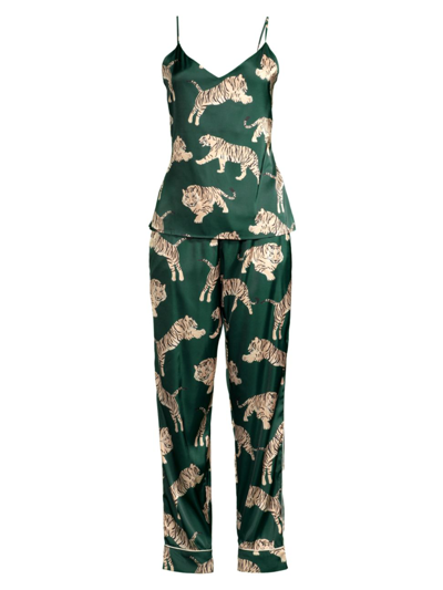 Averie Sleep Tiger-print Zola Long Camisole Pajama Set In Emerald Green