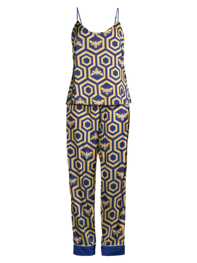 Averie Sleep Colbee Honeycomb Print Long Camisole Pajama Set In Navy Blue