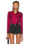 Versace La Greca Monogram Silk Button-up Blouse In Parade Red & Fuchsia