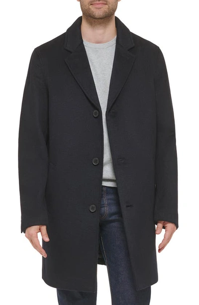 Cole Haan Classic Wool Blend Plush Notched Collar Coat In Navy