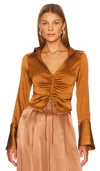 Free People Aurora Cinched Satin Blouse In Tiger Eye