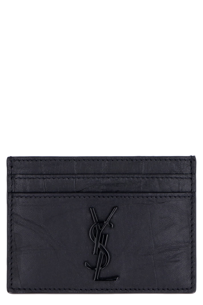 Saint Laurent Cocco Print Leather Card Holder In Black