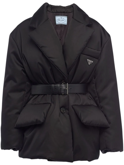 Prada Re-nylon Belted Puffer Jacket In Black | ModeSens