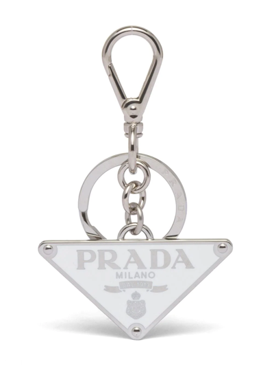 Prada Logo-plaque Clasp-fastening Keyring In Steel/white
