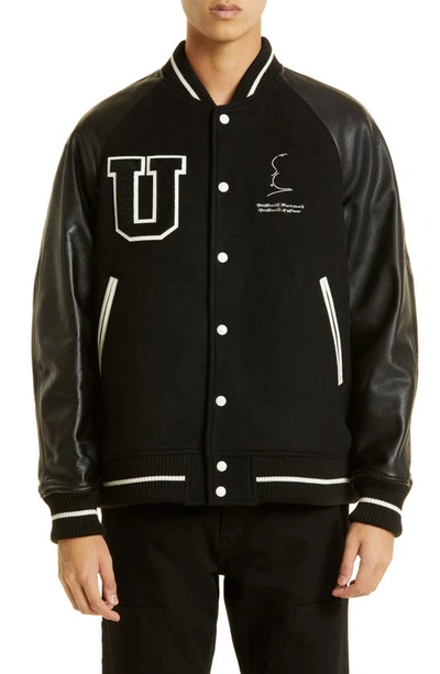 Undercover Hitchcock Leather Sleeve Varsity Jacket In Black