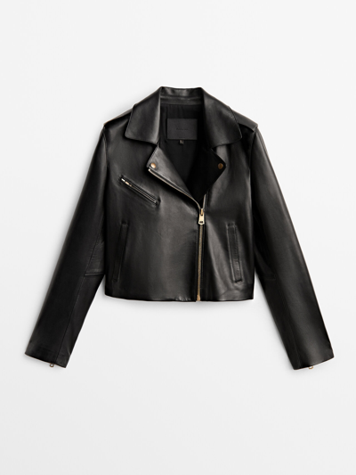 Massimo Dutti Nappa Leather Biker Jacket In Black