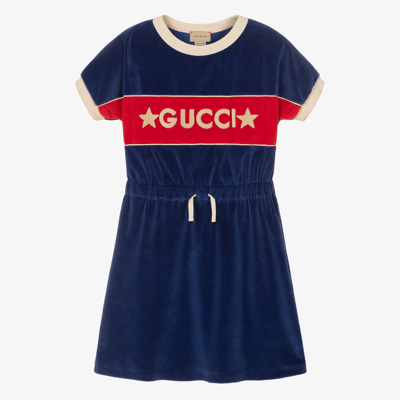 Gucci Kids' Logo Star-embroidered Velour Mini Dress 4-12 Years In Navy