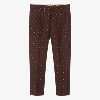 Gucci Kids' Double G Jacquard Cotton-wool Trousers In Brown