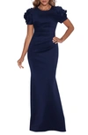 Xscape Petite 3d-flower Short-sleeve Side-pleated Gown In Midnight