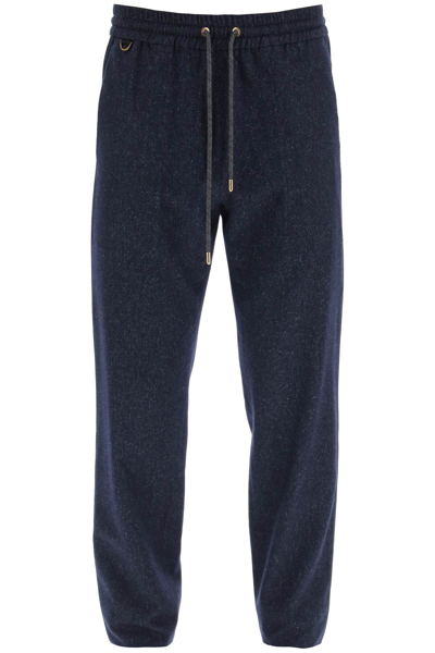 Agnona Wool And Silk Twill Trousers With Drawstrings In Blue