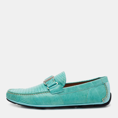 Pre-owned Salvatore Ferragamo Aqua Blue Lizard Leather Sardegna Loafers Size 43