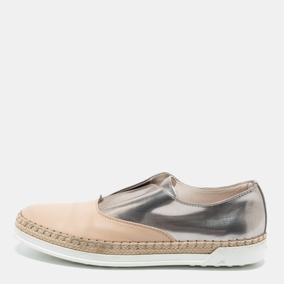 Pre-owned Tod's Silver And Beige Patent And Leather Francesina Slip On Espadrille Sneakers Size 35.5