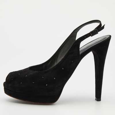 Pre-owned Stuart Weitzman Black Suede Crystal Embellished Platform Slingback Sandals Size 39.5