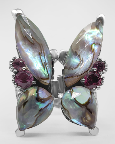 Stephen Dweck Faceted Abalone And Rhodolite Garnet Butterfly Ring In Sterling Silver