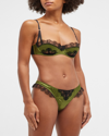 Kiki De Montparnasse Lace-trimmed Stretch-silk Charmeuse Thong In Verte