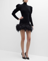 ALEXANDRE VAUTHIER FEATHER-TRIM PUFF-SLEEVE VELVET KNIT MINI DRESS