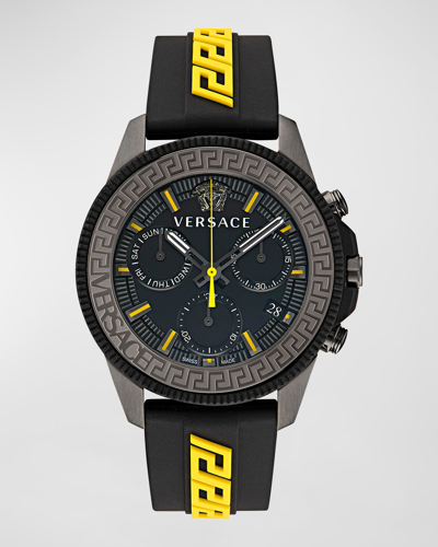 Versace Greca Action Chronograph Silicone Strap Watch, 45mm In Black / Gun Metal / Gunmetal