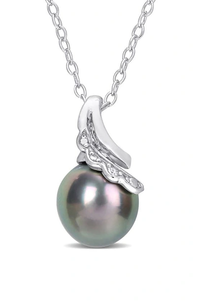 Delmar Sterling Silver Diamond With 8-9mm Cultured Black Tahitian Pearl Necklace