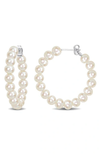 Delmar Sterling Silver 5-5.5mm Cultured Freshwater Pearl Hoop Earrings In White