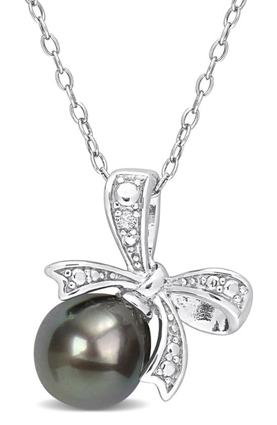 Delmar Sterling Silver Diamond & 8-8.5mm Black Tahitian Cultured Pearl Bow Pendant