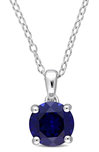 Delmar Sterling Silver Round Created Blue Sapphire Pendant Necklace