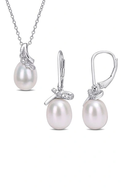 Delmar Sterling Silver, Diamond, & 7.5-8mm & 8.5-9mm Cultured Freshwater Pearl Earrings & Necklace S In White